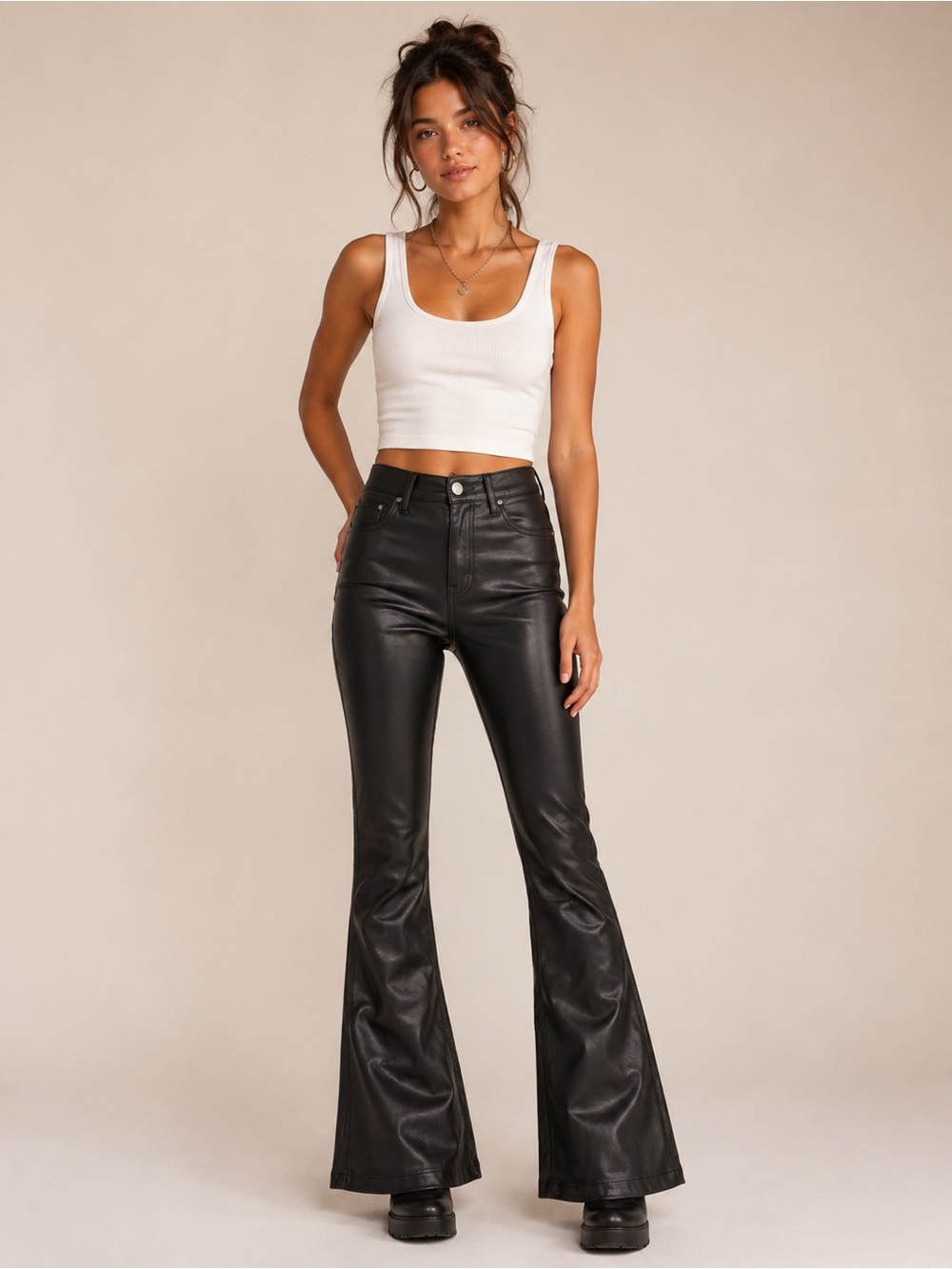 Hollister Black Faux Leather High Rise Flare Pants W23 Y2K